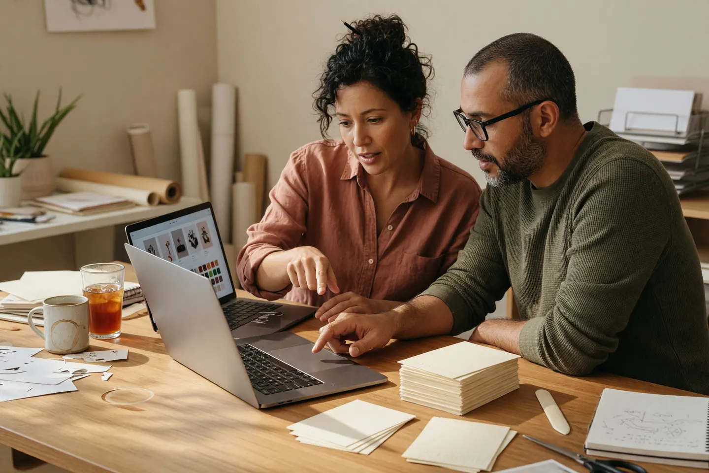 Two people at a shared desk looking at a laptop together, printed cards stacked beside them.