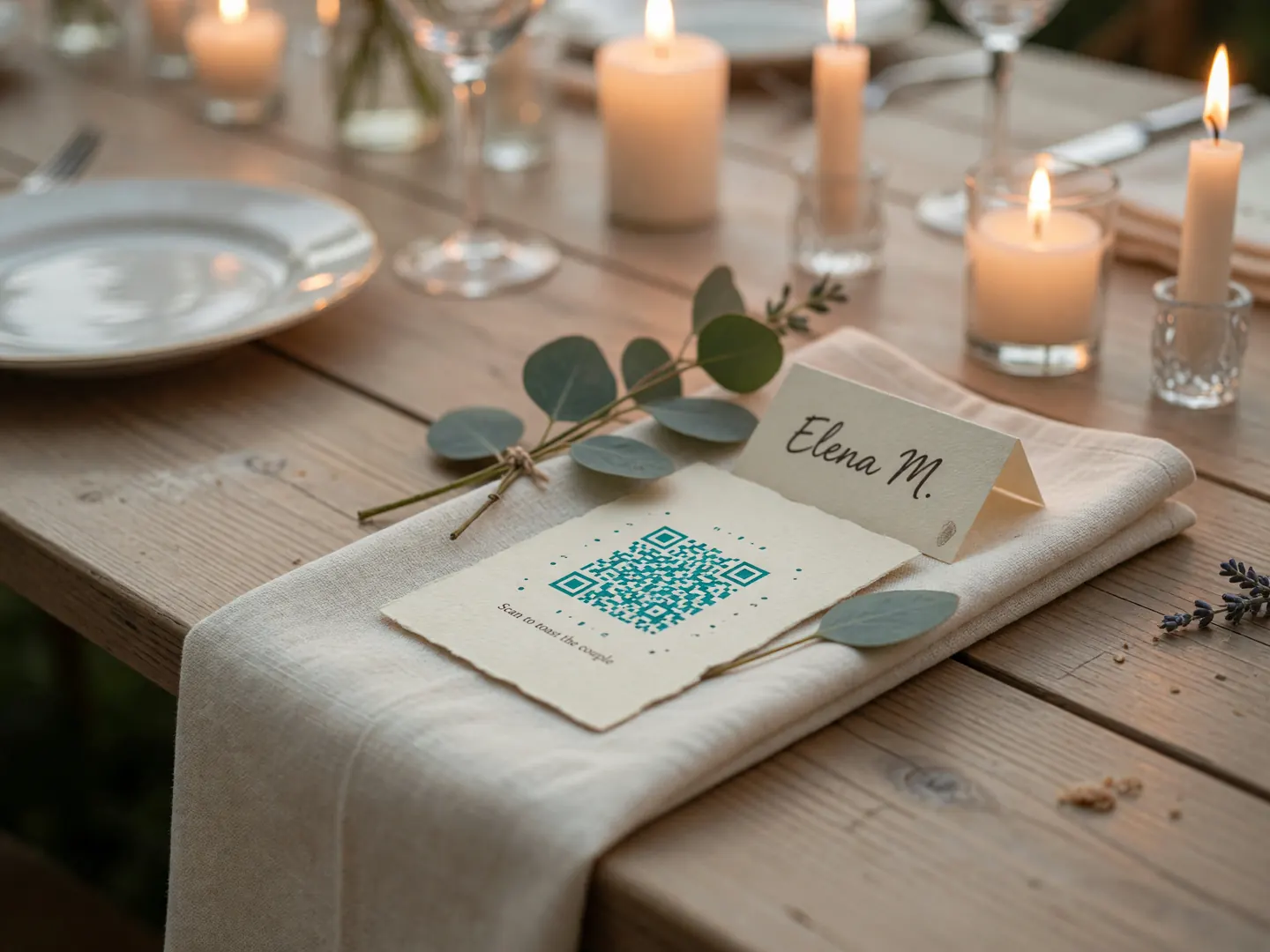 A wedding place setting with a small printed QR card resting on a folded napkin beside greenery.