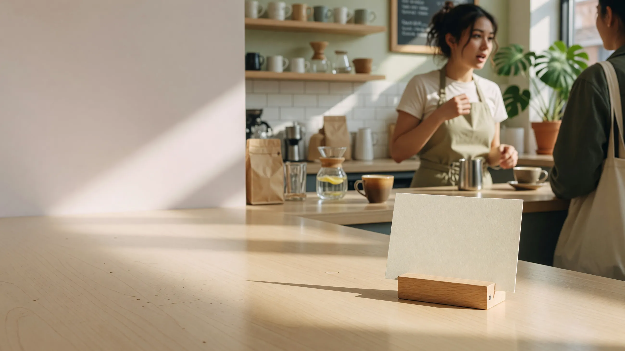 A blank printed card standing on a coffee-shop counter while a barista serves a customer behind it.