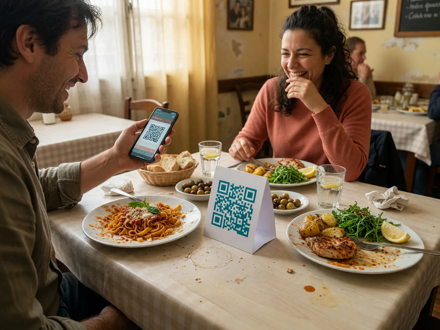 Two friends at a restaurant table, one holding a phone over a small standing QR card to open the menu.
