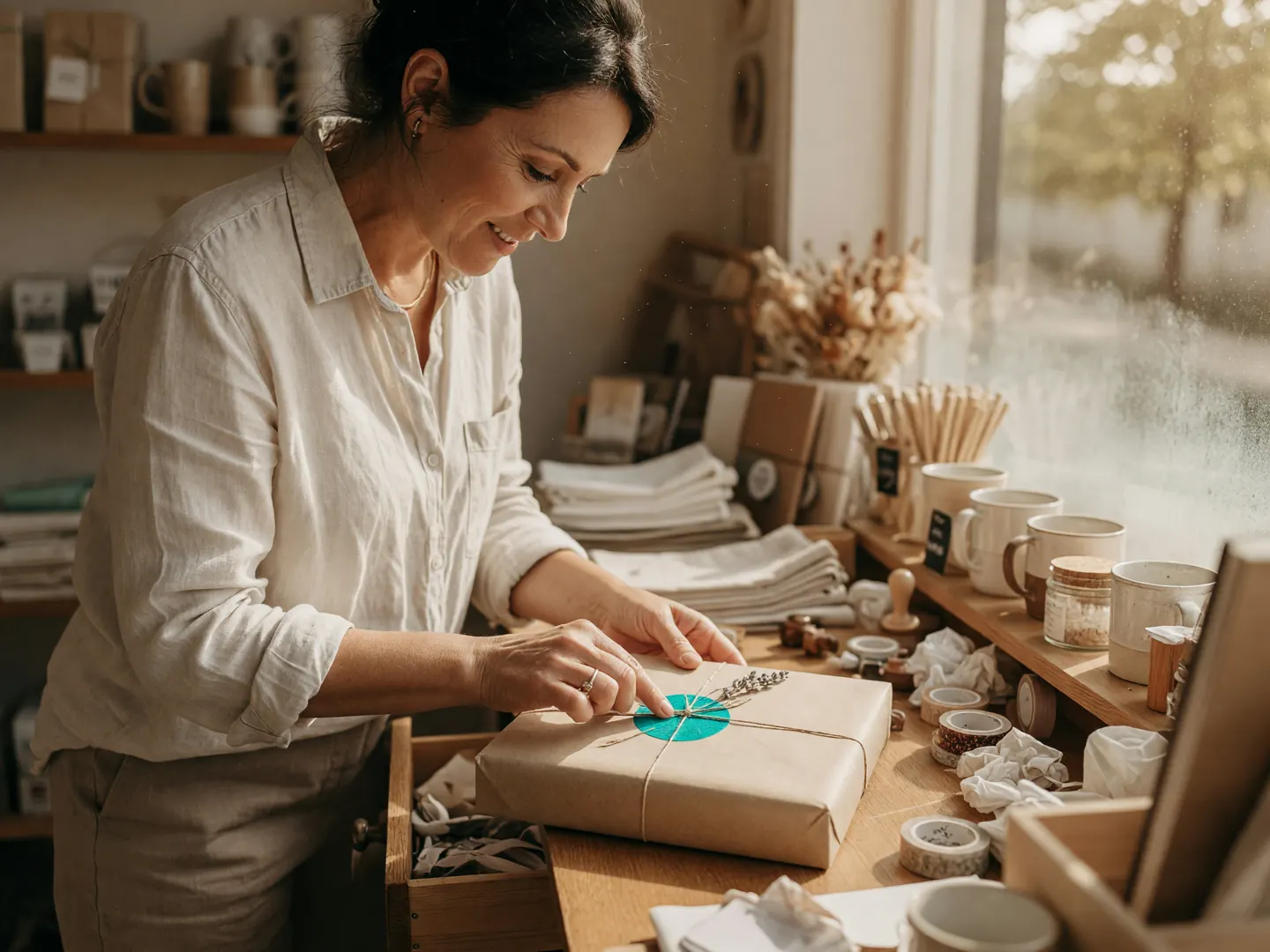 A shop owner pressing a round QR sticker onto a kraft paper parcel at her counter.