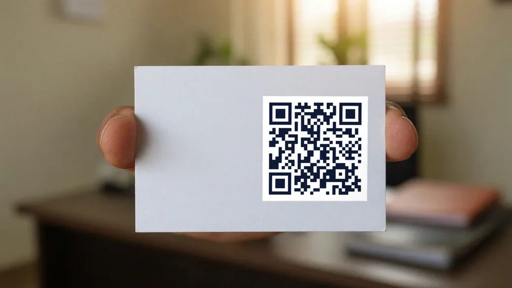 A business card held between two fingers with a QR code printed in the corner.