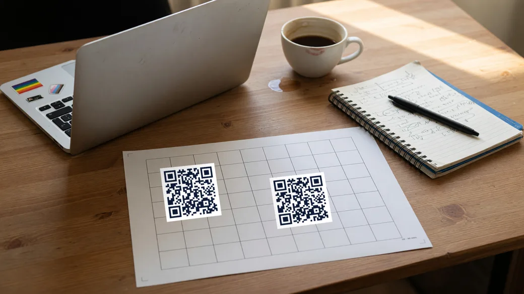 A desk with a laptop, a notebook and a printed sheet of QR codes beside a coffee cup.
