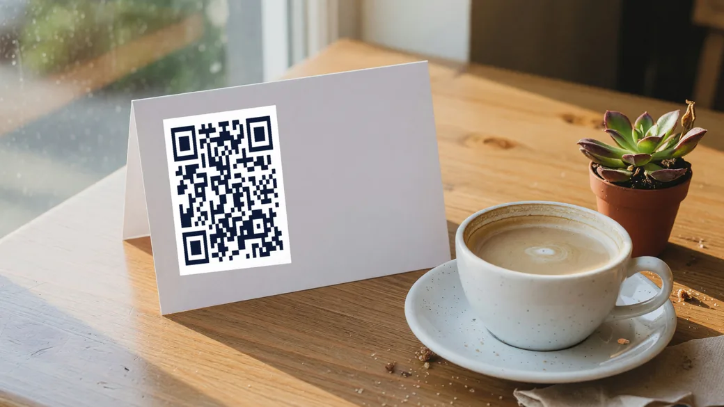 A small printed card standing on a café table with a QR code facing the seat.